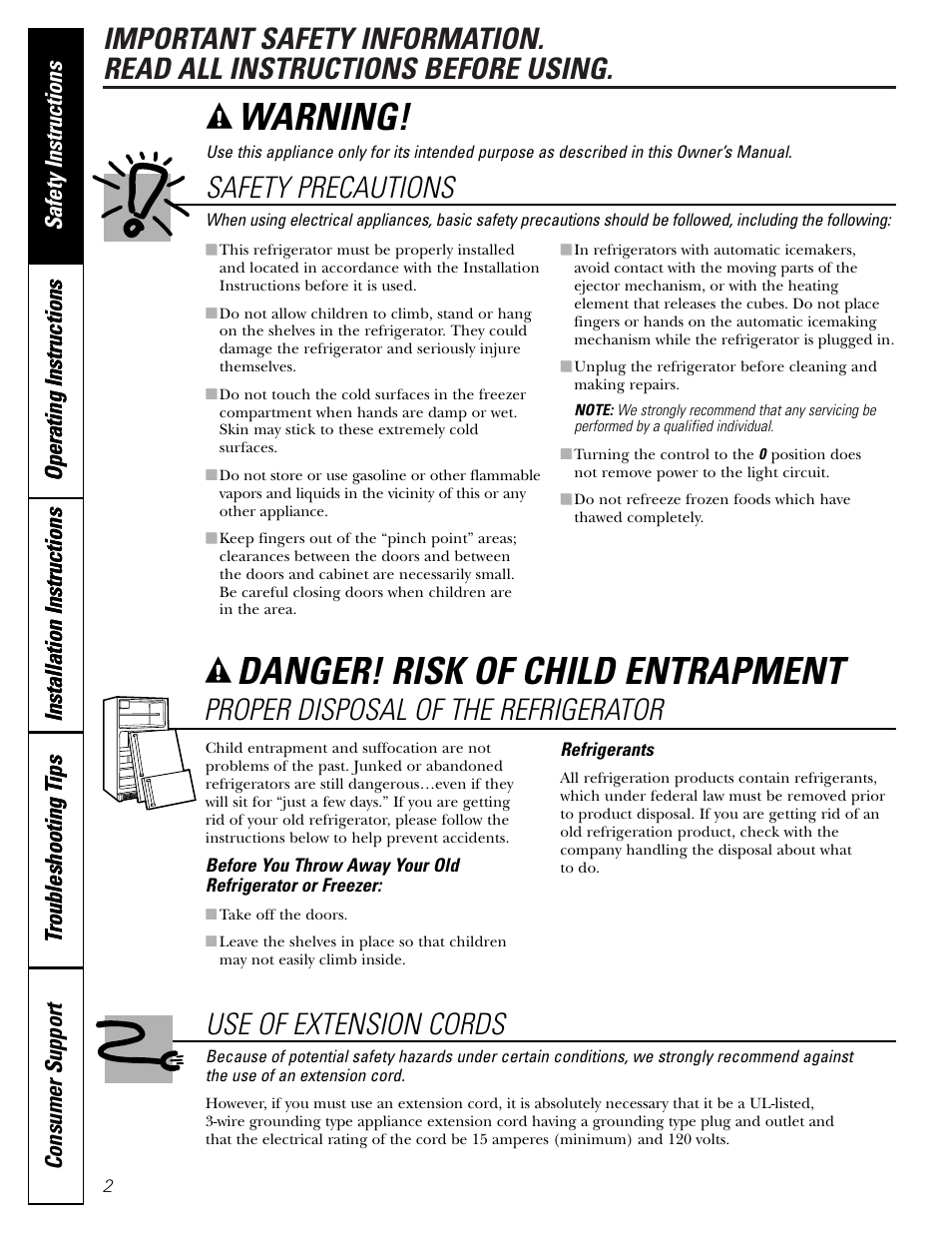 Extension cords, Safety precautions, Extension cords safety precautions | Warning, Danger! risk of child entrapment, Proper disposal of the refrigerator, Use of extension cords | Hotpoint 16 User Manual | Page 2 / 32