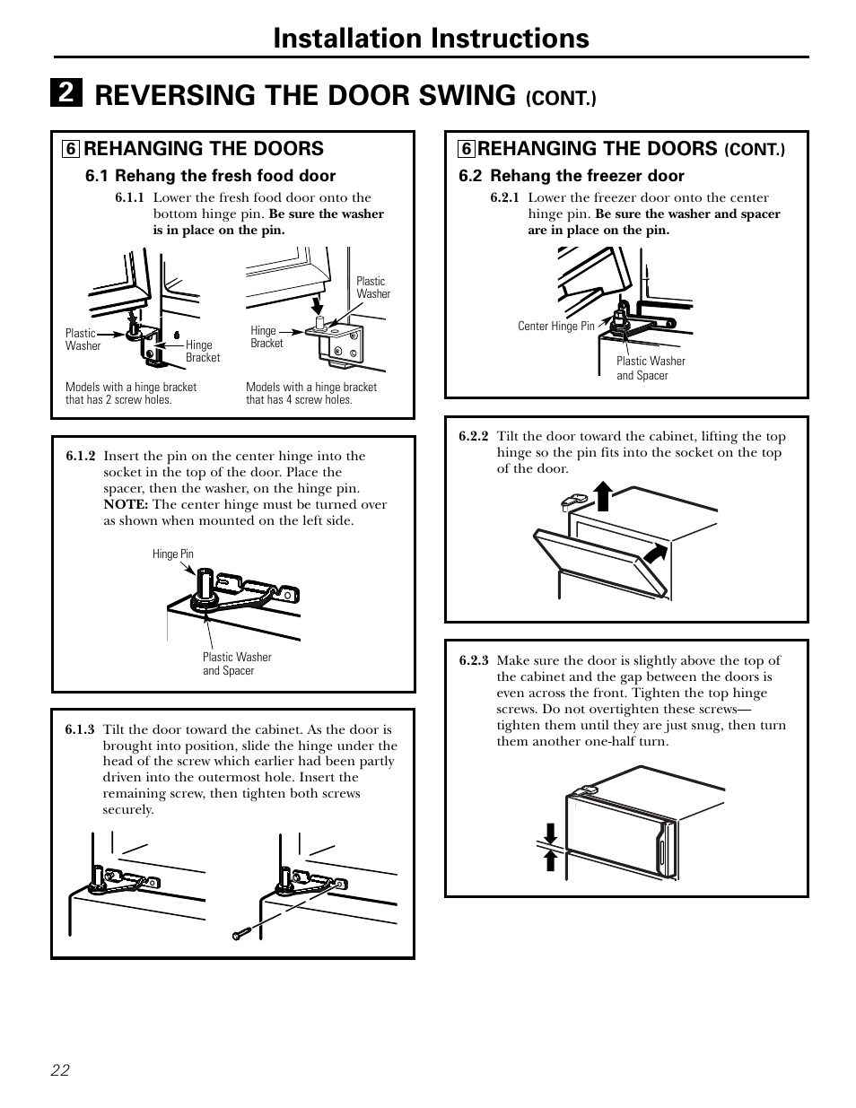 Installation instructions, Reversing the door swing, Rehanging the doors | Cont.) | Hotpoint 16 User Manual | Page 22 / 32