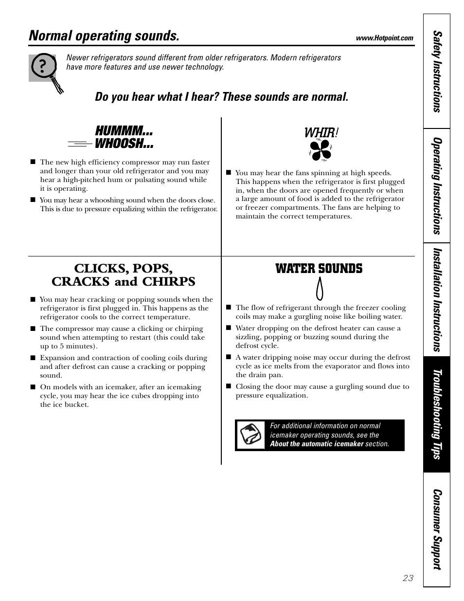 Normal operating sounds, Hummm... whoosh, Clicks, pops, cracks and chirps | Water sounds, Do you hear what i hear? these sounds are normal | Hotpoint 16 User Manual | Page 23 / 32