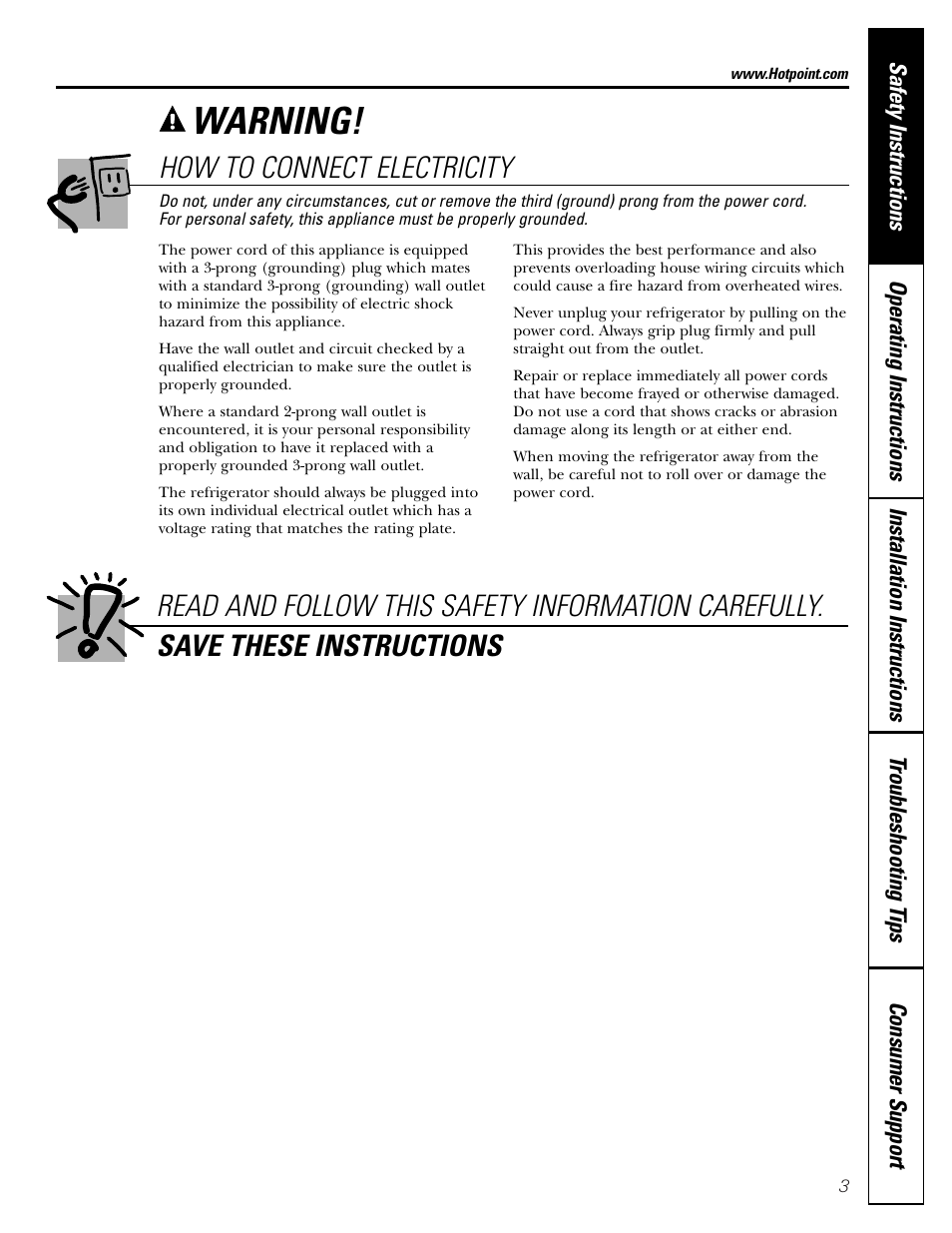 Connecting electricity, Warning, How to connect electricity | Hotpoint 16 User Manual | Page 3 / 32