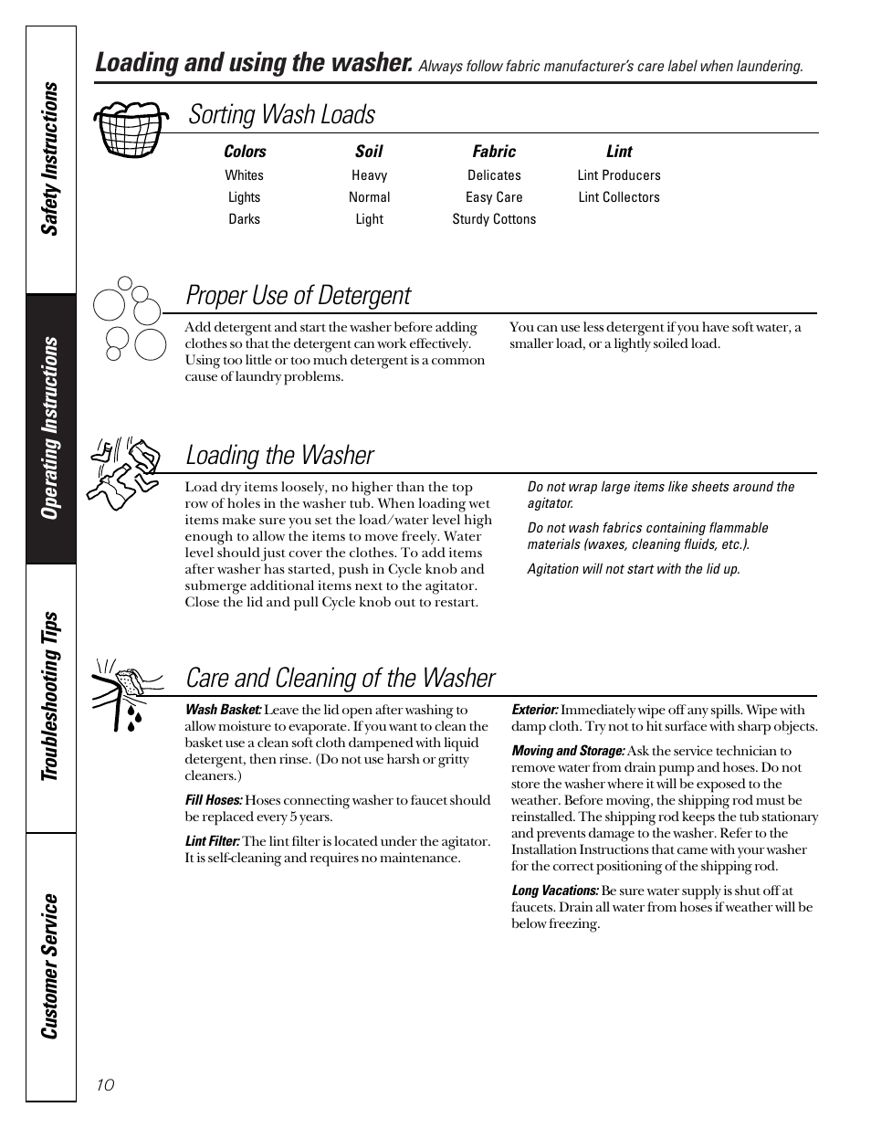 Loading and using the washer, Loading and using the washer .10, 11, Sorting wash loads proper use of detergent | Loading the washer, Care and cleaning of the washer | Hotpoint VBXR1070 User Manual | Page 10 / 16