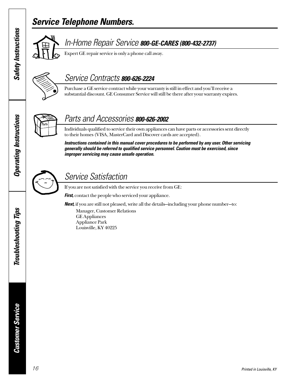 Service telephone numbers, Service telephone numbers. in-home repair service, Service contracts | Parts and accessories, Service satisfaction | Hotpoint VBXR1070 User Manual | Page 16 / 16