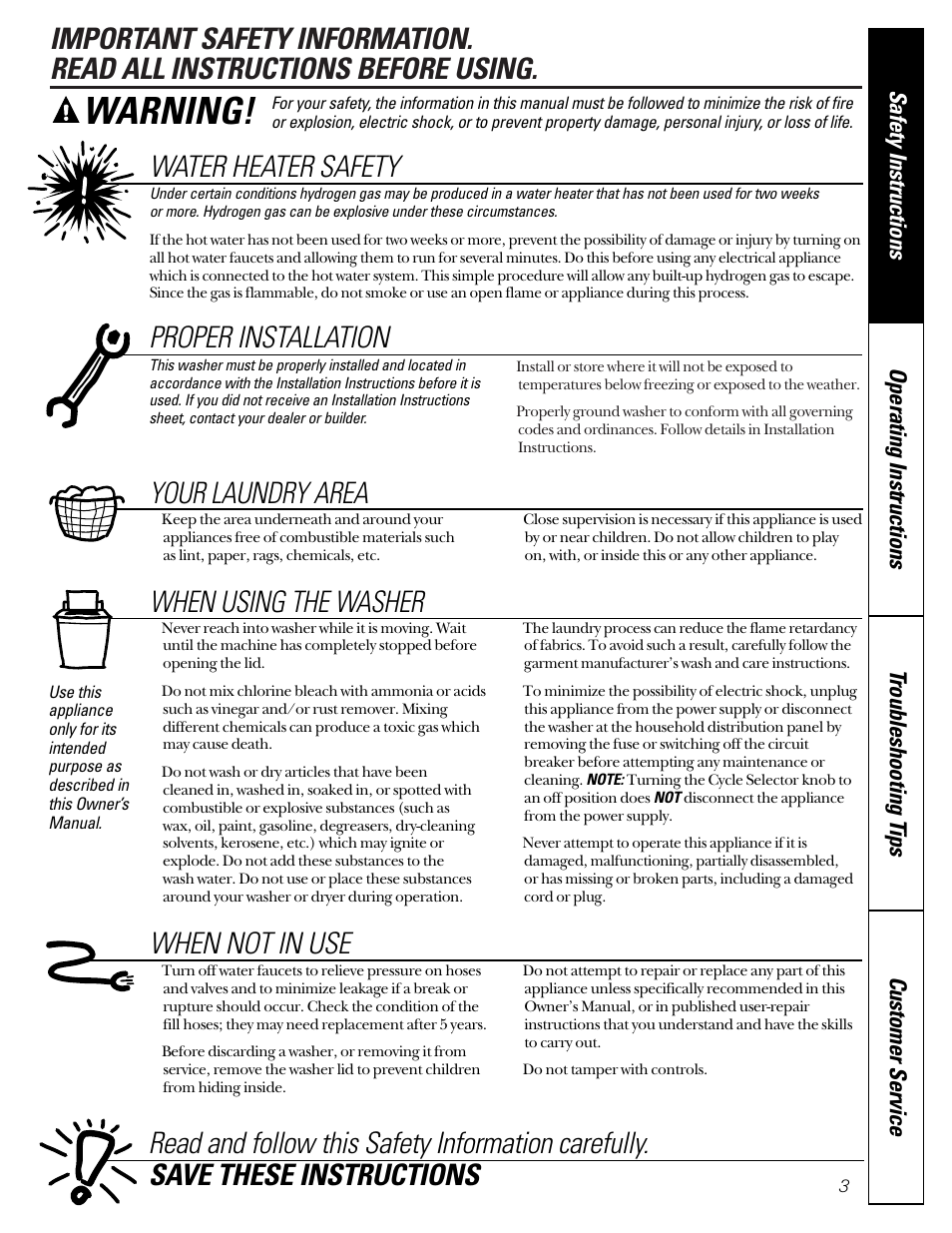 Safety information, Warning, Water heater safety | Proper installation, Your laundry area, When using the washer | Hotpoint VBXR1070 User Manual | Page 3 / 16