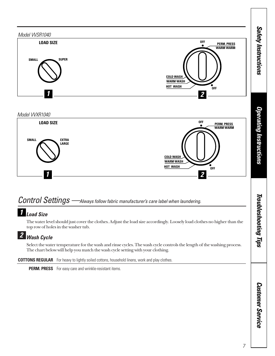 Control settings | Hotpoint VBXR1070 User Manual | Page 7 / 16