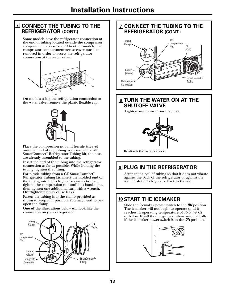 Installation instructions, Connect the tubing to the refrigerator, Plug in the refrigerator | Start the icemaker | Hotpoint 20 User Manual | Page 13 / 64