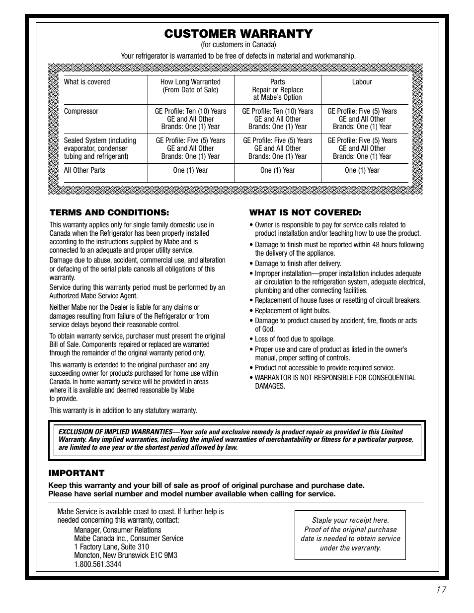 Warranty (canadian), Customer warranty | Hotpoint 20 User Manual | Page 17 / 64