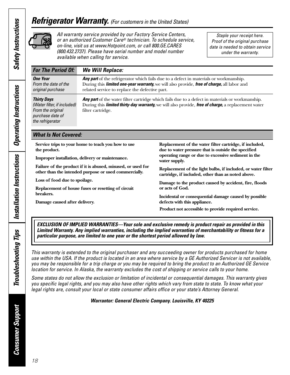 Warranty (u.s.), Refrigerator warranty | Hotpoint 20 User Manual | Page 18 / 64