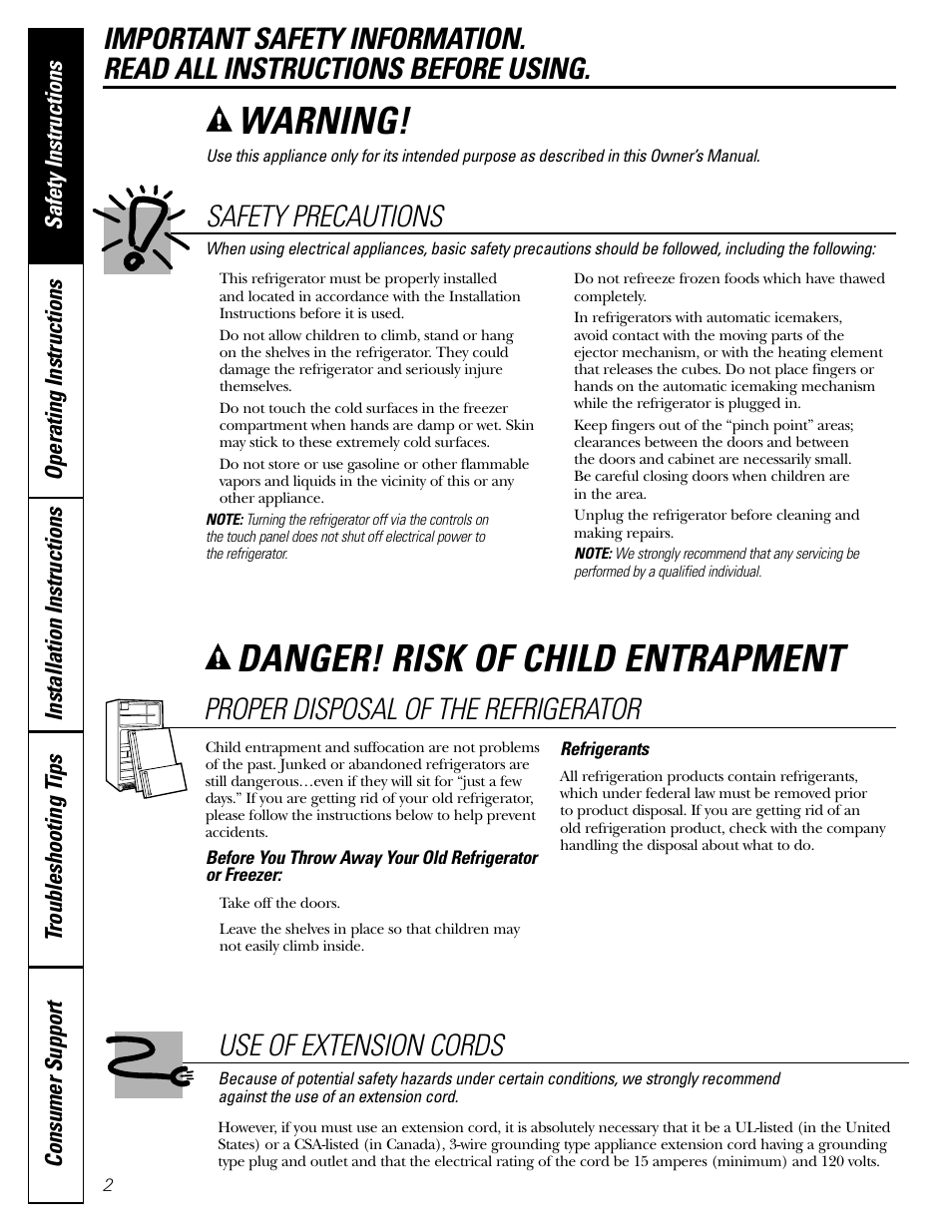 Extension cords, Proper disposal, Safety precautions | Extension cords proper disposal safety precautions, Danger! risk of child entrapment, Warning, Proper disposal of the refrigerator, Use of extension cords | Hotpoint 20 User Manual | Page 2 / 64