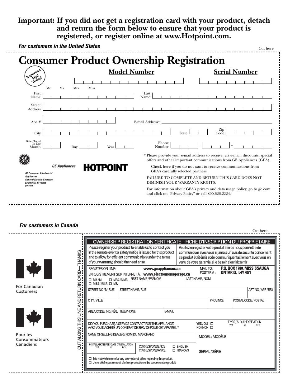 Product registration (canadian), Product registration (canadian) , 22, Consumer product ownership registration | Model number serial number | Hotpoint 20 User Manual | Page 21 / 64