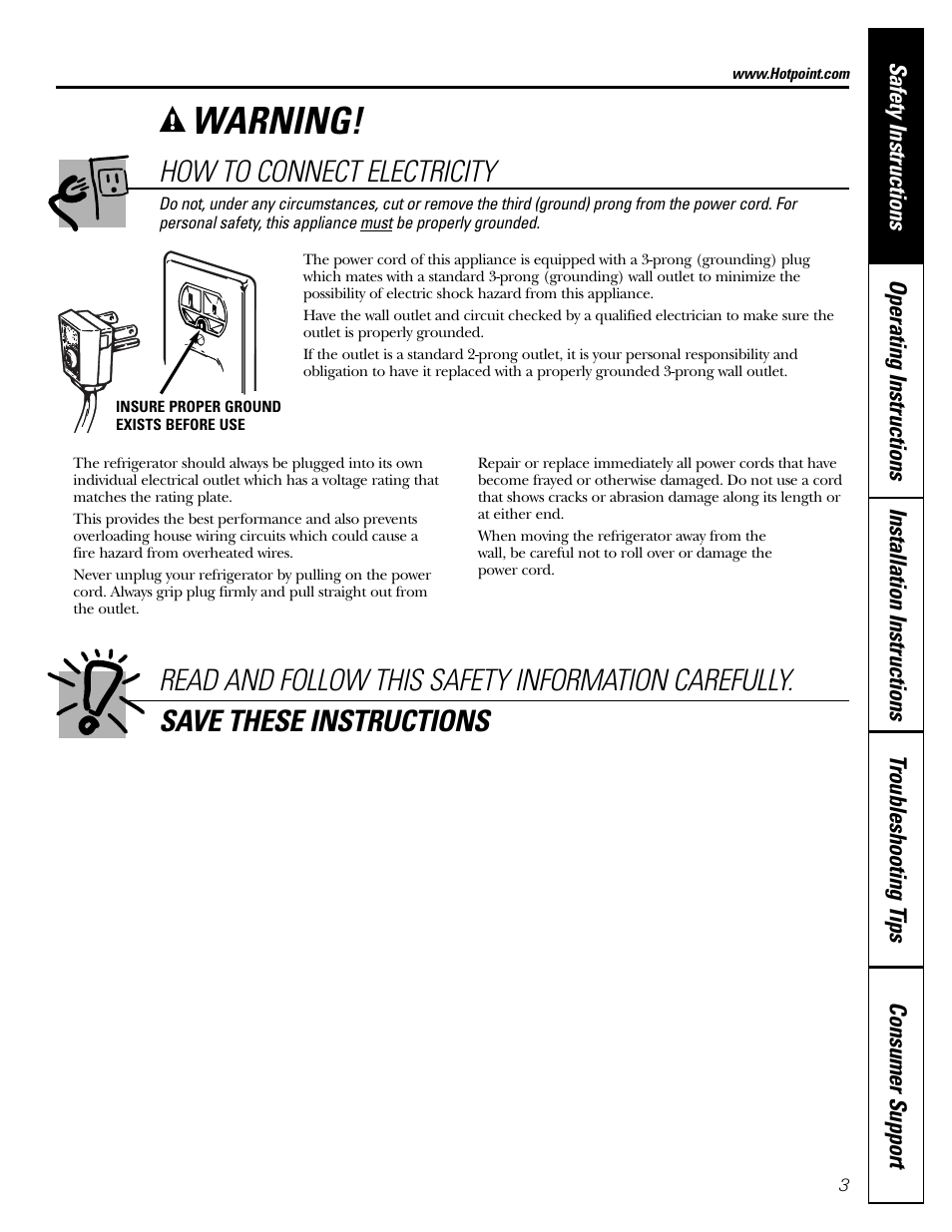 Connect electricity, Warning, How to connect electricity | Hotpoint 20 User Manual | Page 3 / 64