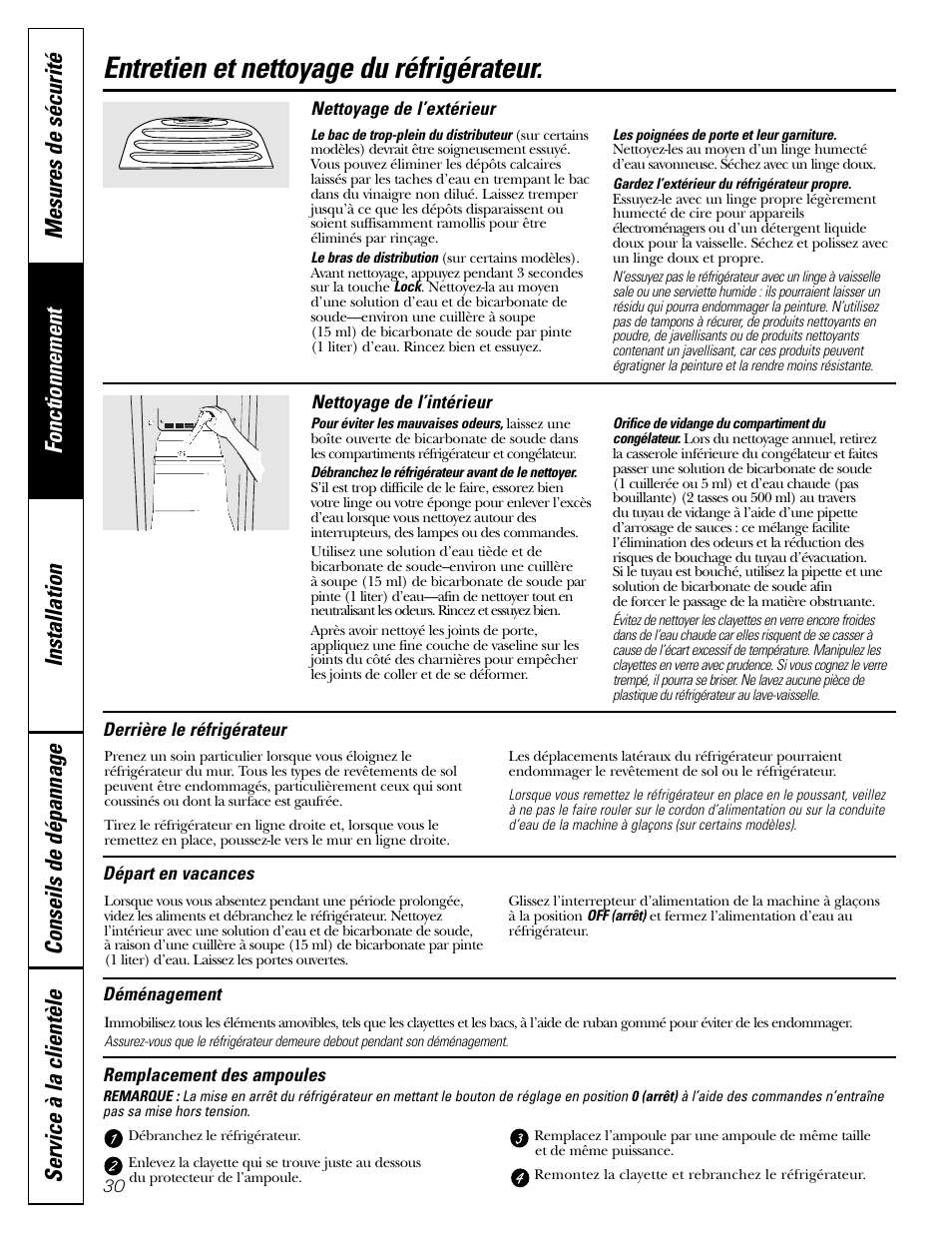 Nettoyage, Remplacement des ampoules, Nettoyage remplacement des ampoules | Entretien et nettoyage du réfrigérateur | Hotpoint 20 User Manual | Page 30 / 64