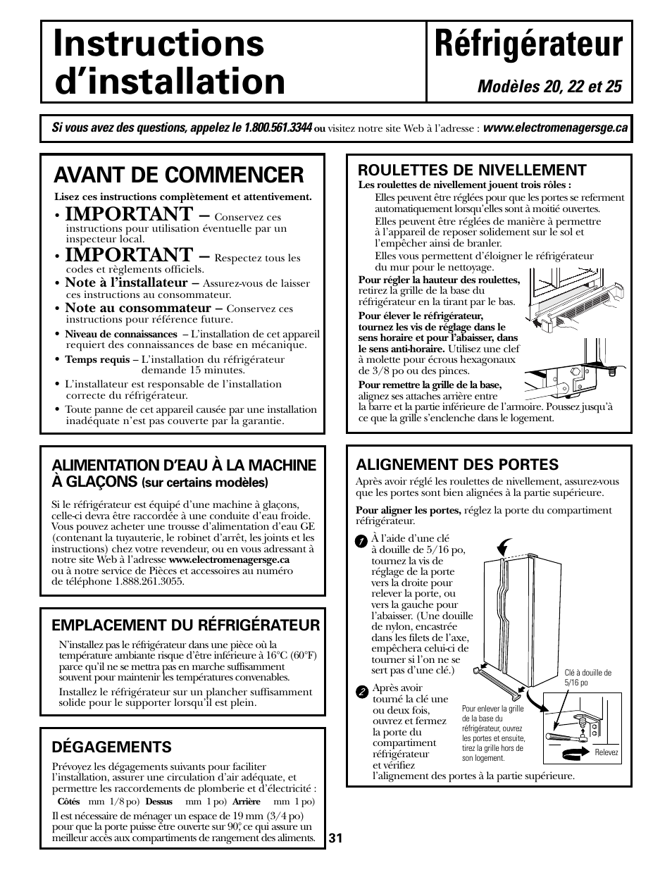 Préparation, Instructions réfrigérateur d’installation, Avant de commencer | Important, Dégagements, Alimentation d’eau à la machine à glaçons, Emplacement du réfrigérateur, Roulettes de nivellement, Alignement des portes | Hotpoint 20 User Manual | Page 31 / 64