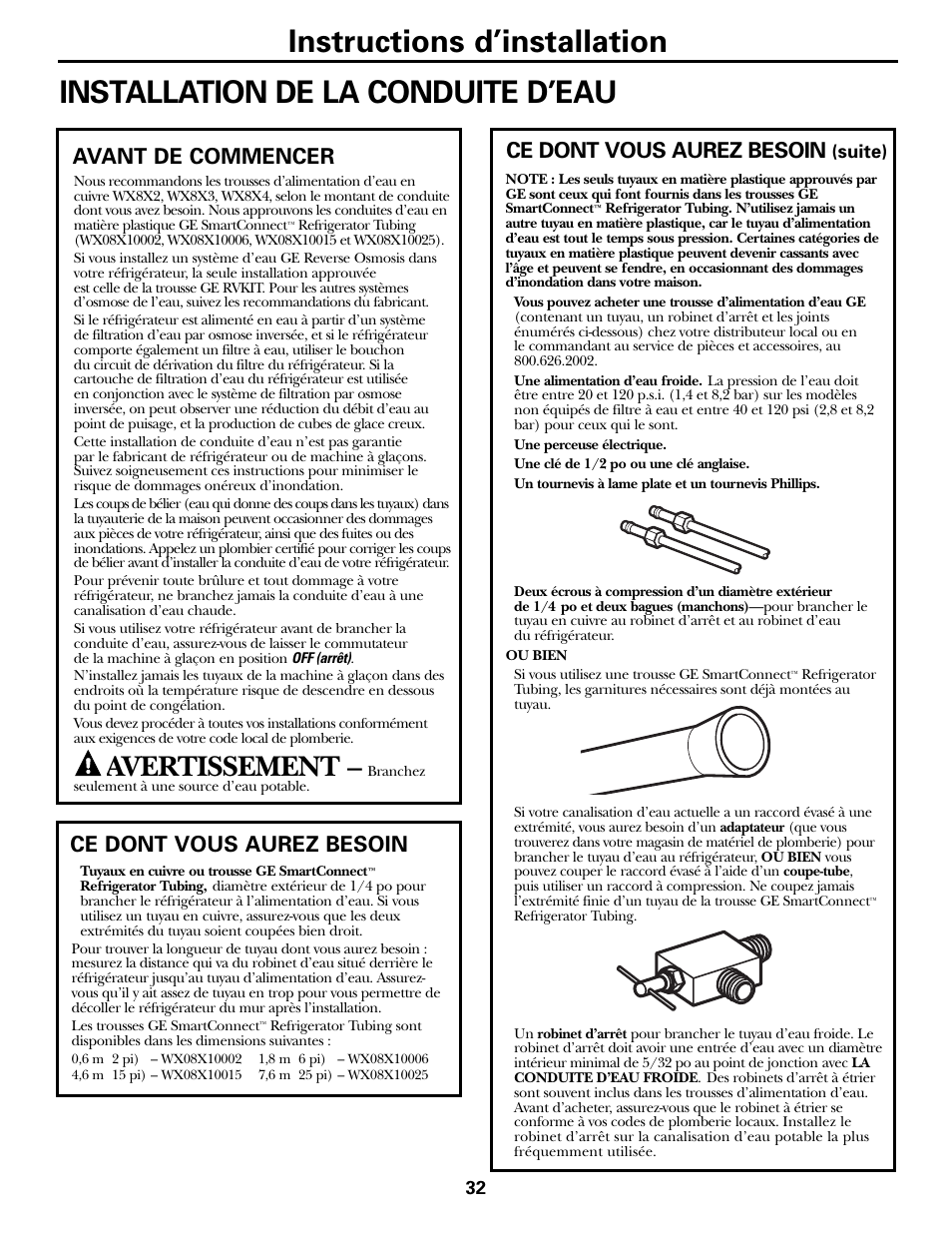 Installation de la conduite d'eau, Installation de la conduite d’eau –34, Avertissement | Avant de commencer ce dont vous aurez besoin, Ce dont vous aurez besoin, Suite) | Hotpoint 20 User Manual | Page 32 / 64