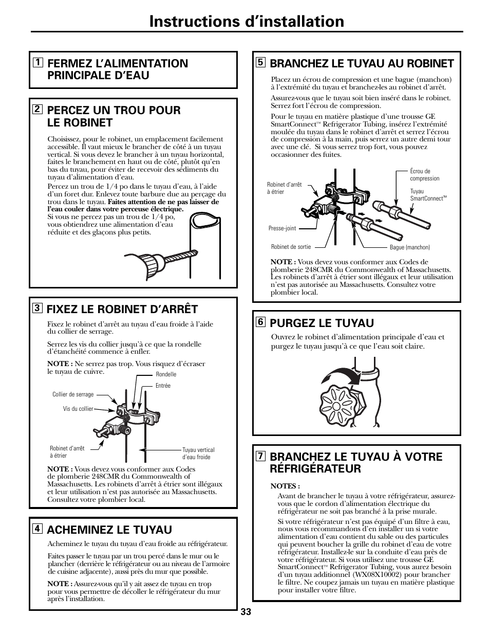 Instructions d’installation, Branchez le tuyau au robinet, Fermez l’alimentation principale d’eau | Percez un trou pour le robinet, Fixez le robinet d’arrêt, Acheminez le tuyau, Purgez le tuyau, Branchez le tuyau à votre réfrigérateur | Hotpoint 20 User Manual | Page 33 / 64