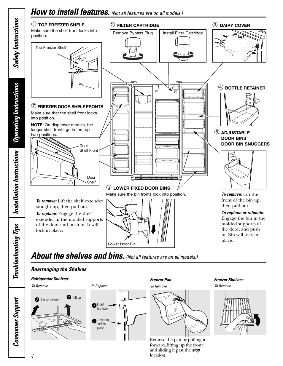 How to install features, Shelves and bins, About the shelves and bins | Hotpoint 20 User Manual | Page 4 / 64