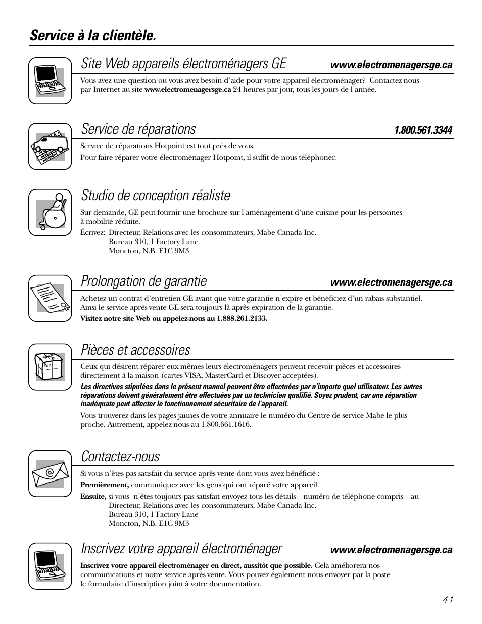 Service à la clientèle, Service de réparations, Studio de conception réaliste | Prolongation de garantie, Pièces et accessoires, Contactez-nous, Inscrivez votre appareil électroménager | Hotpoint 20 User Manual | Page 41 / 64