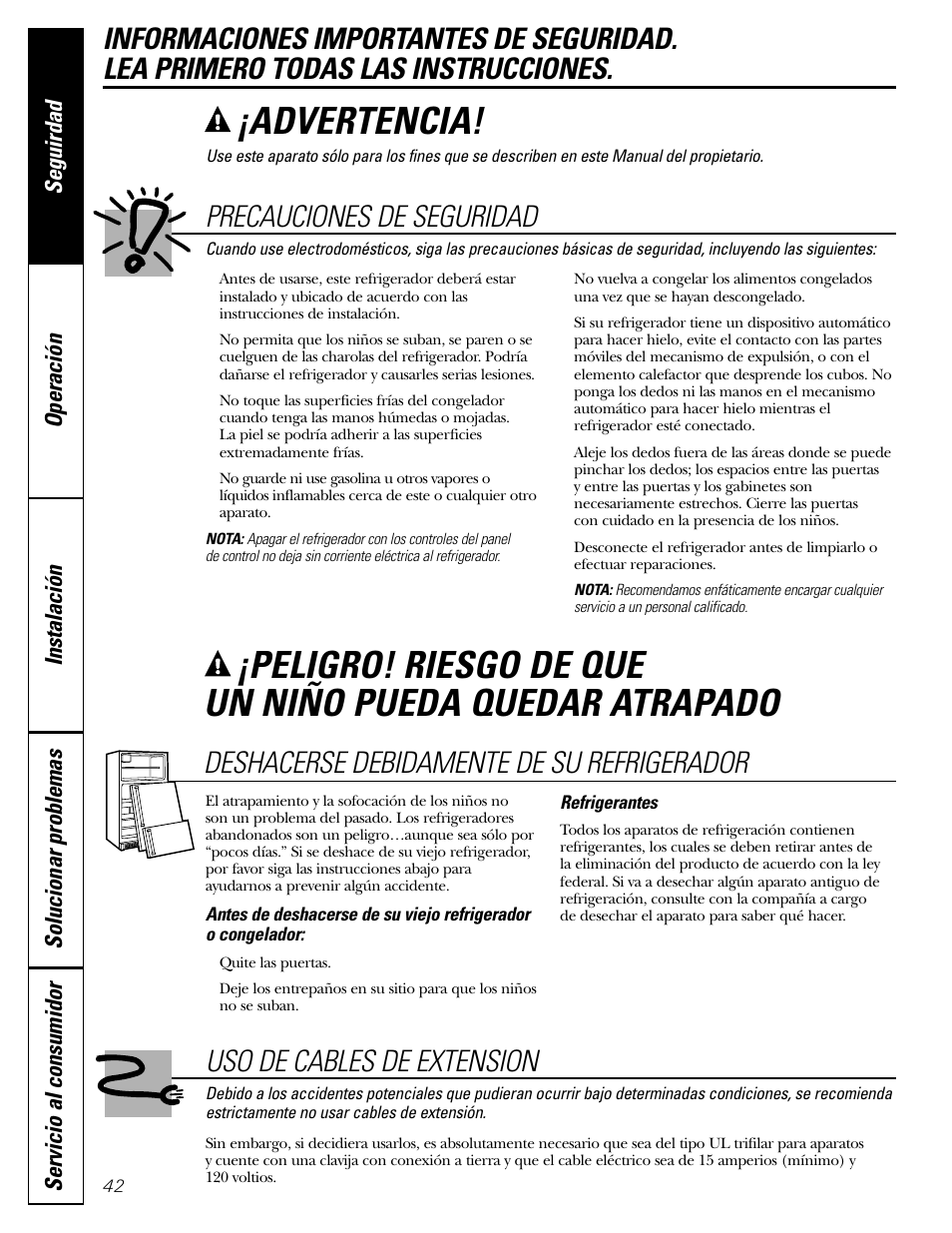 Cables de extensión, Deshacerse debidamente de su refrigerador, Precauciones de seguridad | Advertencia, Uso de cables de extension | Hotpoint 20 User Manual | Page 42 / 64