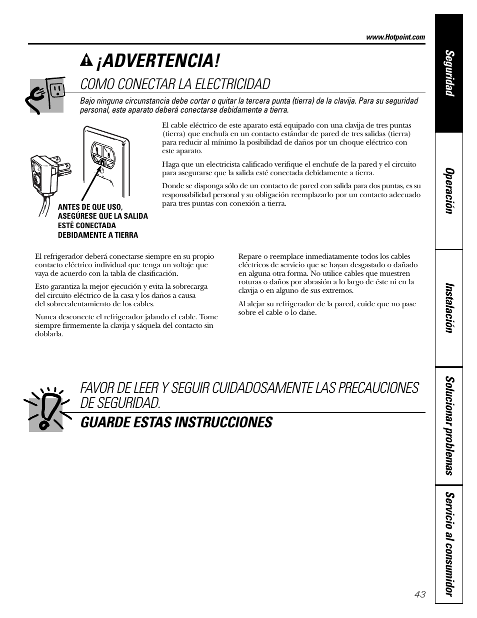 Conectar la electricidad, Advertencia, Como conectar la electricidad | Hotpoint 20 User Manual | Page 43 / 64