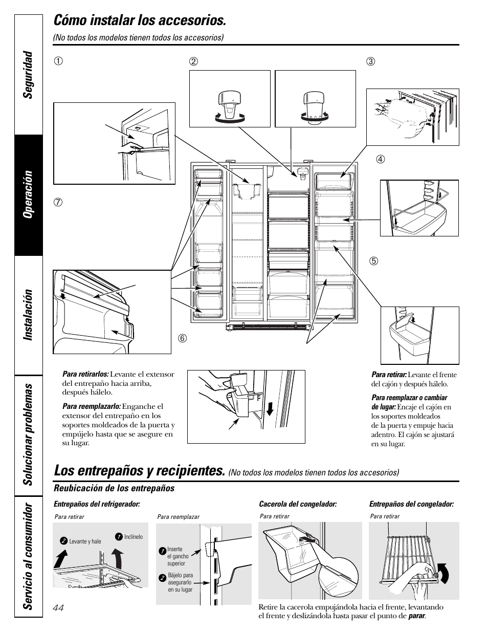 Entrepaños y recipientes, Instalación de las características, Entrepaños y recipientes –45 | Cómo instalar los accesorios, Los entrepaños y recipientes | Hotpoint 20 User Manual | Page 44 / 64