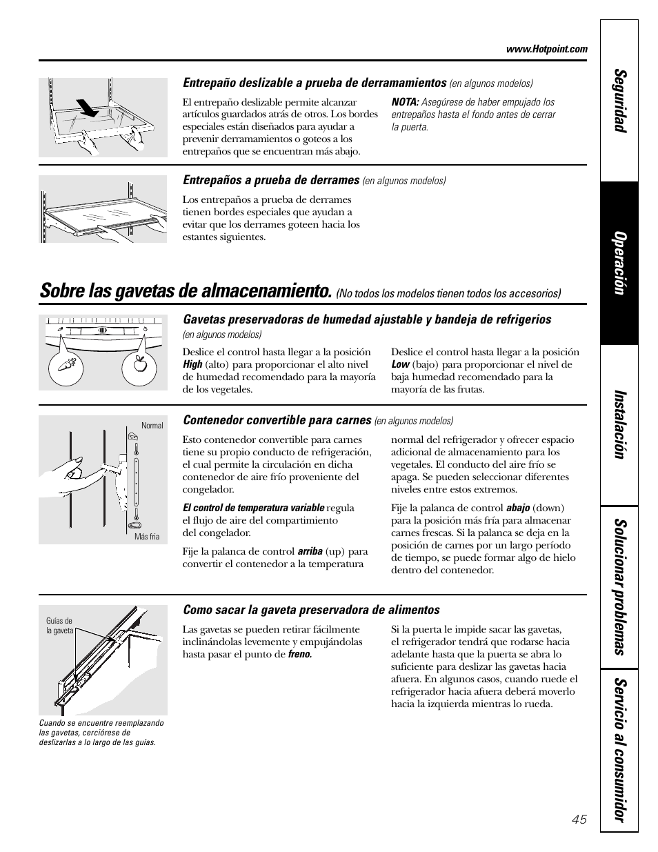Gavetas de almacenamiento, Sobre las gavetas de almacenamiento | Hotpoint 20 User Manual | Page 45 / 64