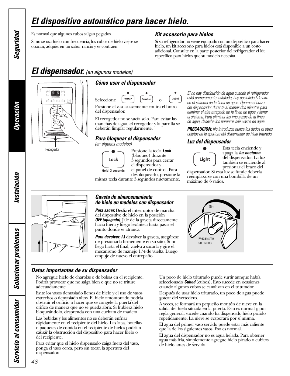 Dispensador, El dispositivo automático para hacer hielo, El dispensador | Hotpoint 20 User Manual | Page 48 / 64