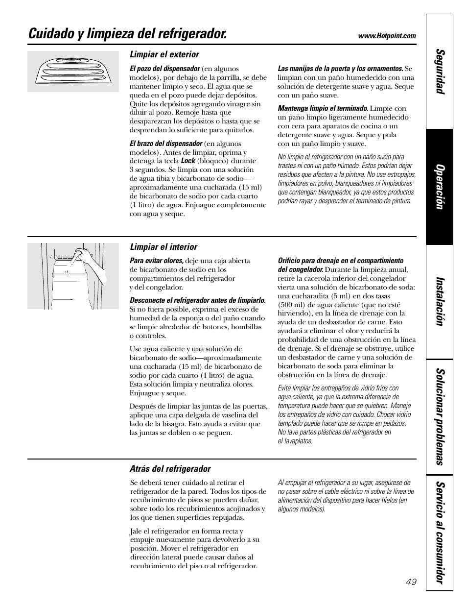 Limpieza, Limpieza –50, Cuidado y limpieza del refrigerador | Hotpoint 20 User Manual | Page 49 / 64