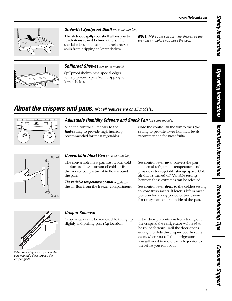 Crispers and pans, About the crispers and pans | Hotpoint 20 User Manual | Page 5 / 64