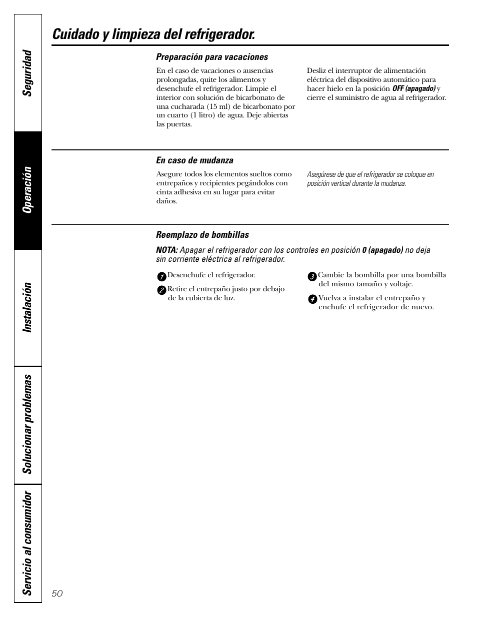 Reemplazo de bombillas, Cuidado y limpieza del refrigerador | Hotpoint 20 User Manual | Page 50 / 64