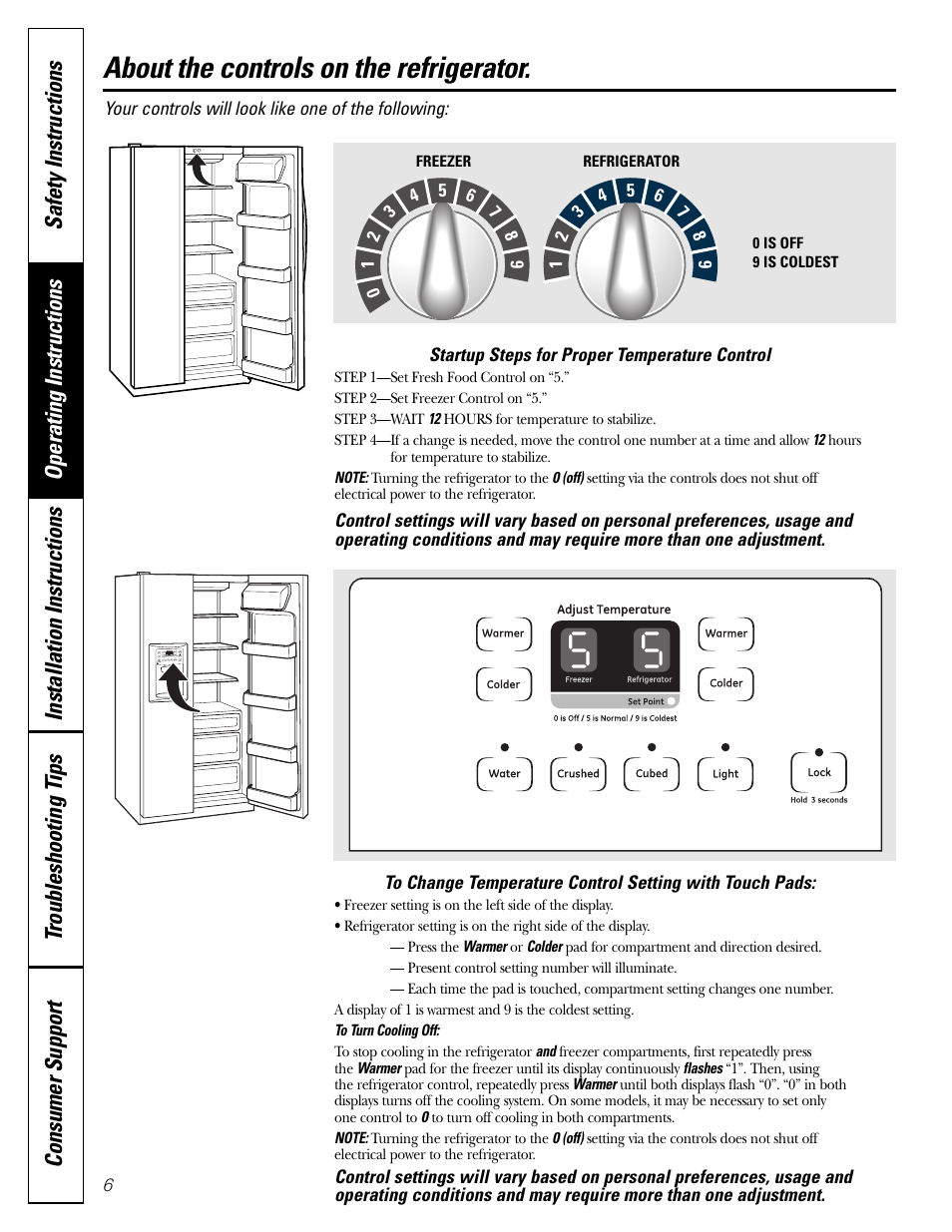 Controls, About the controls on the refrigerator | Hotpoint 20 User Manual | Page 6 / 64