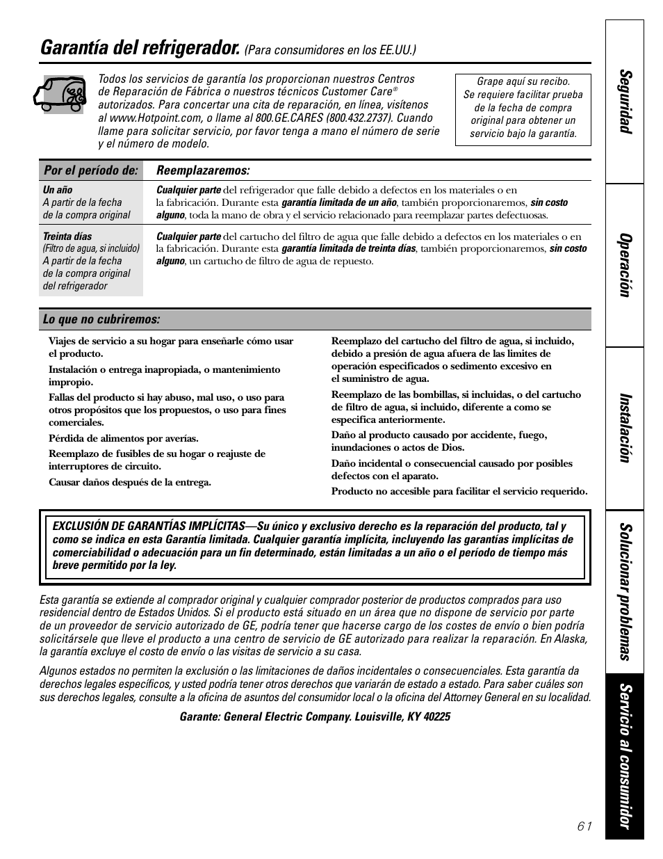 Garantía para consumidores en los estados unidos, Garantía del refrigerador | Hotpoint 20 User Manual | Page 61 / 64