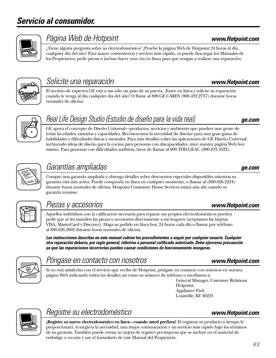 Servicio al consumidor, Servicio al consumidor. página web de hotpoint, Solicite una reparación | Garantías ampliadas, Piezas y accesorios, Póngase en contacto con nosotros, Registre su electrodoméstico | Hotpoint 20 User Manual | Page 63 / 64