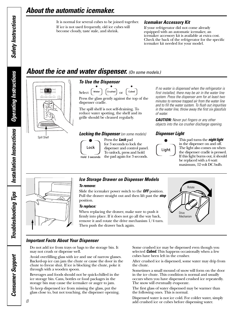 Ice and water dispenser, About the automatic icemaker, About the ice and water dispenser | Hotpoint 20 User Manual | Page 8 / 64