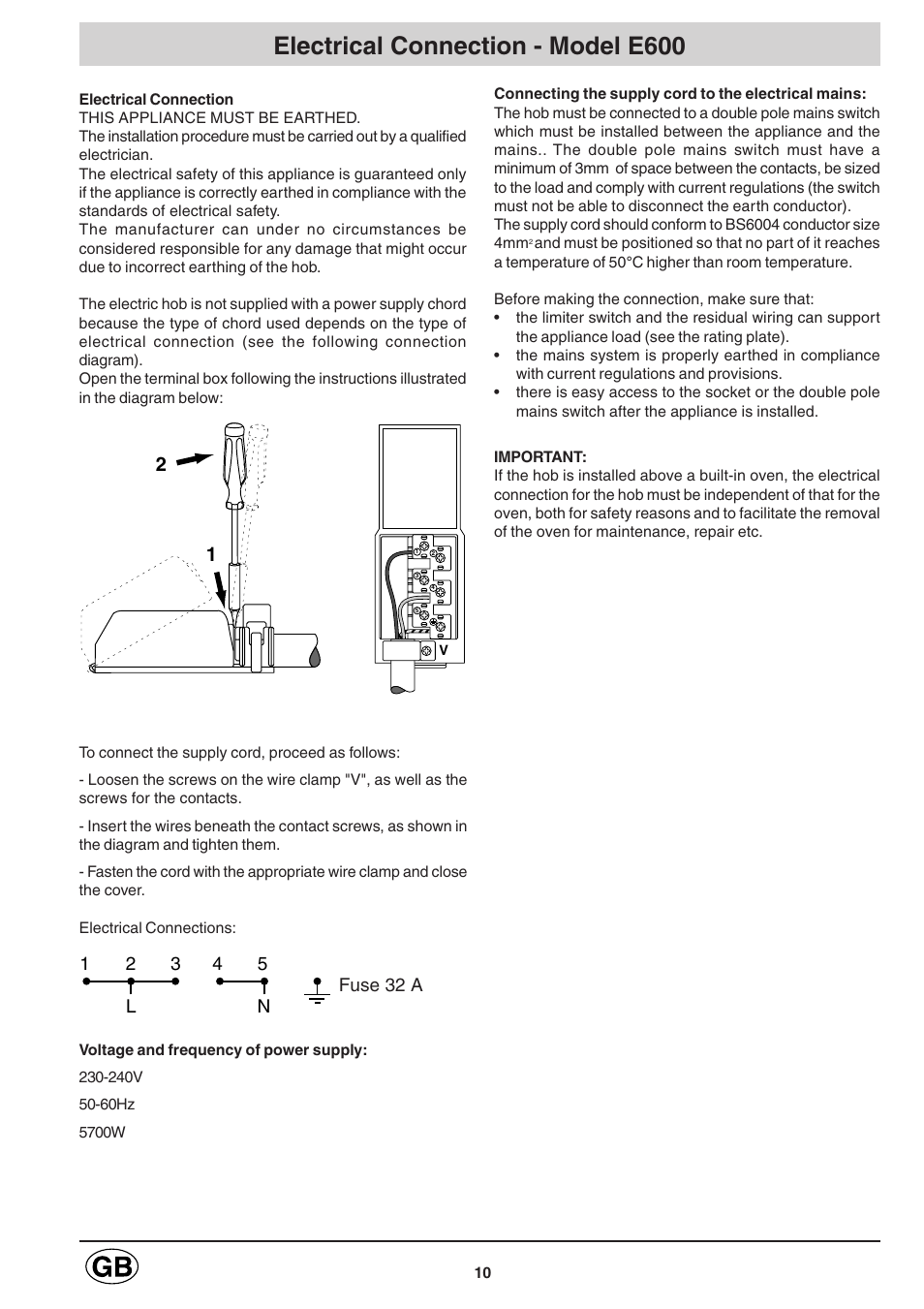 Electrical connection - model e600 | Hotpoint E600 User Manual | Page 10 / 16