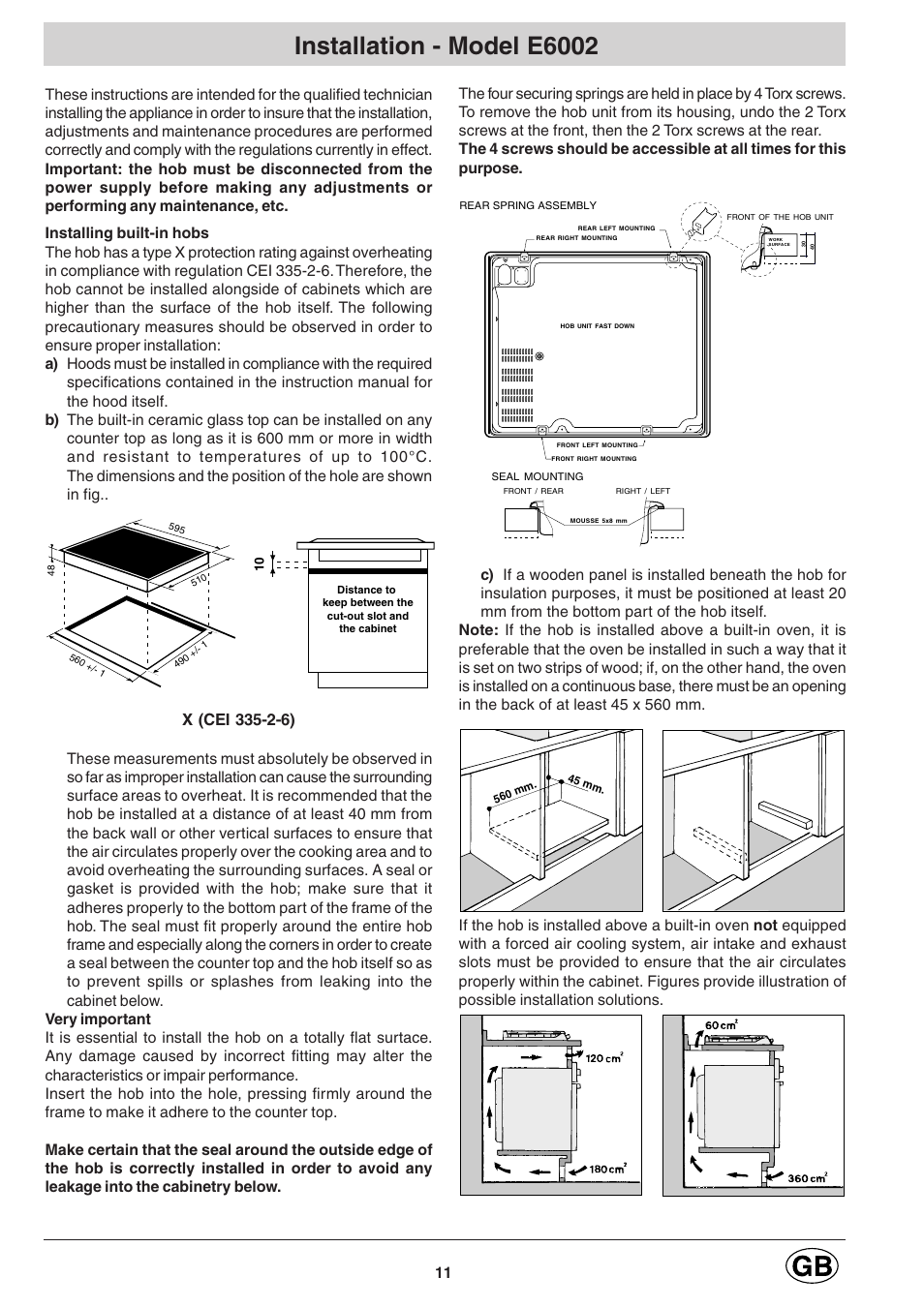 Installation - model e6002 | Hotpoint E600 User Manual | Page 11 / 16