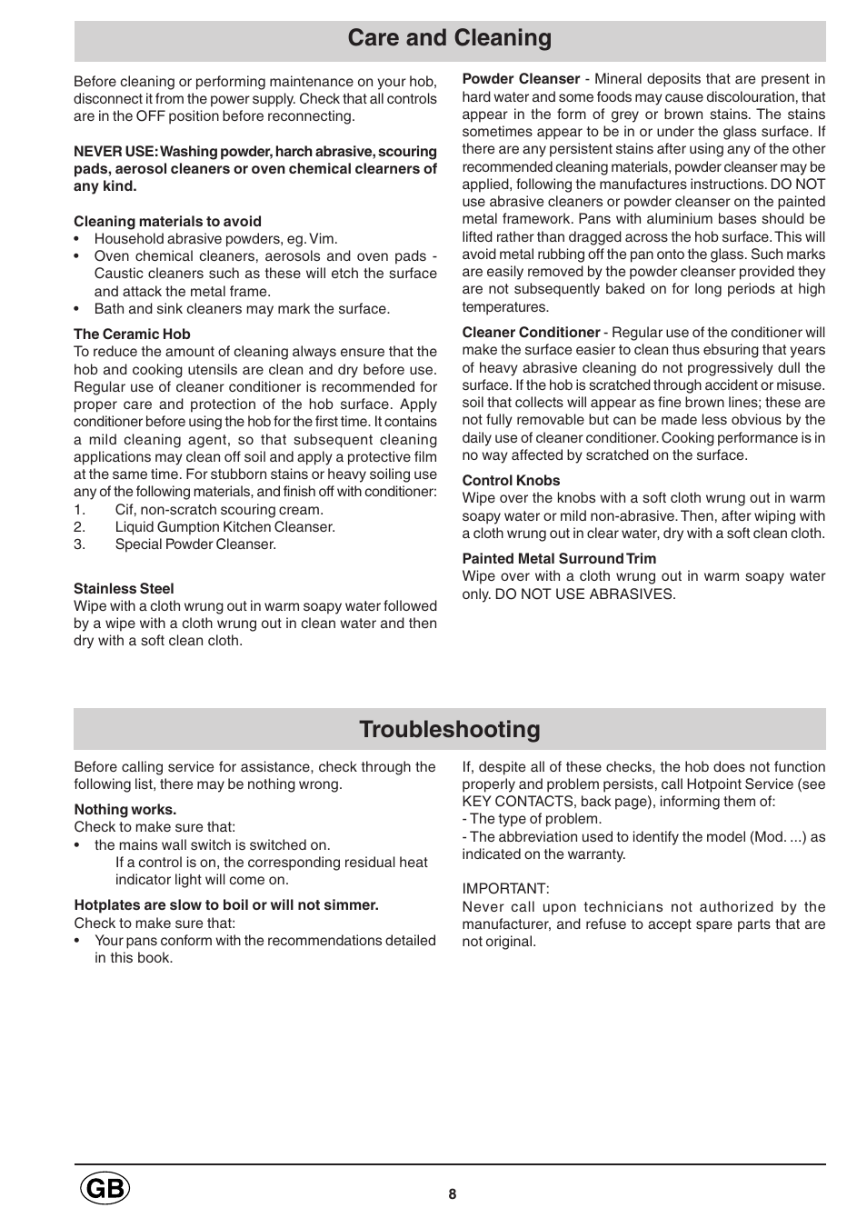 Care and cleaning troubleshooting | Hotpoint E600 User Manual | Page 8 / 16