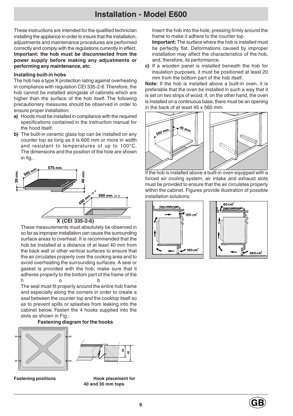 Installation - model e600 | Hotpoint E600 User Manual | Page 9 / 16