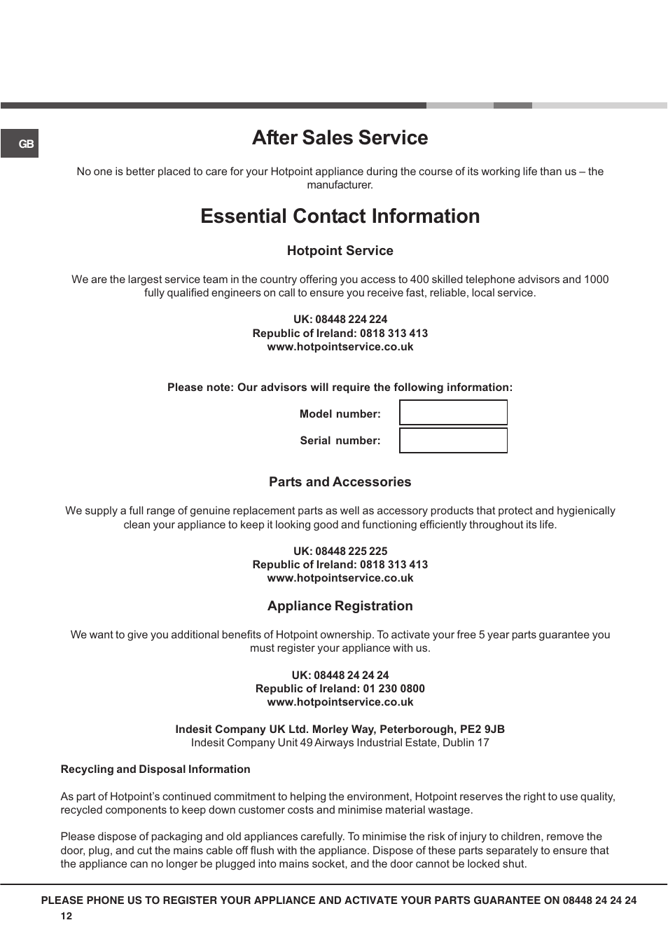 After sales service, Essential contact information | Hotpoint SX User Manual | Page 12 / 16