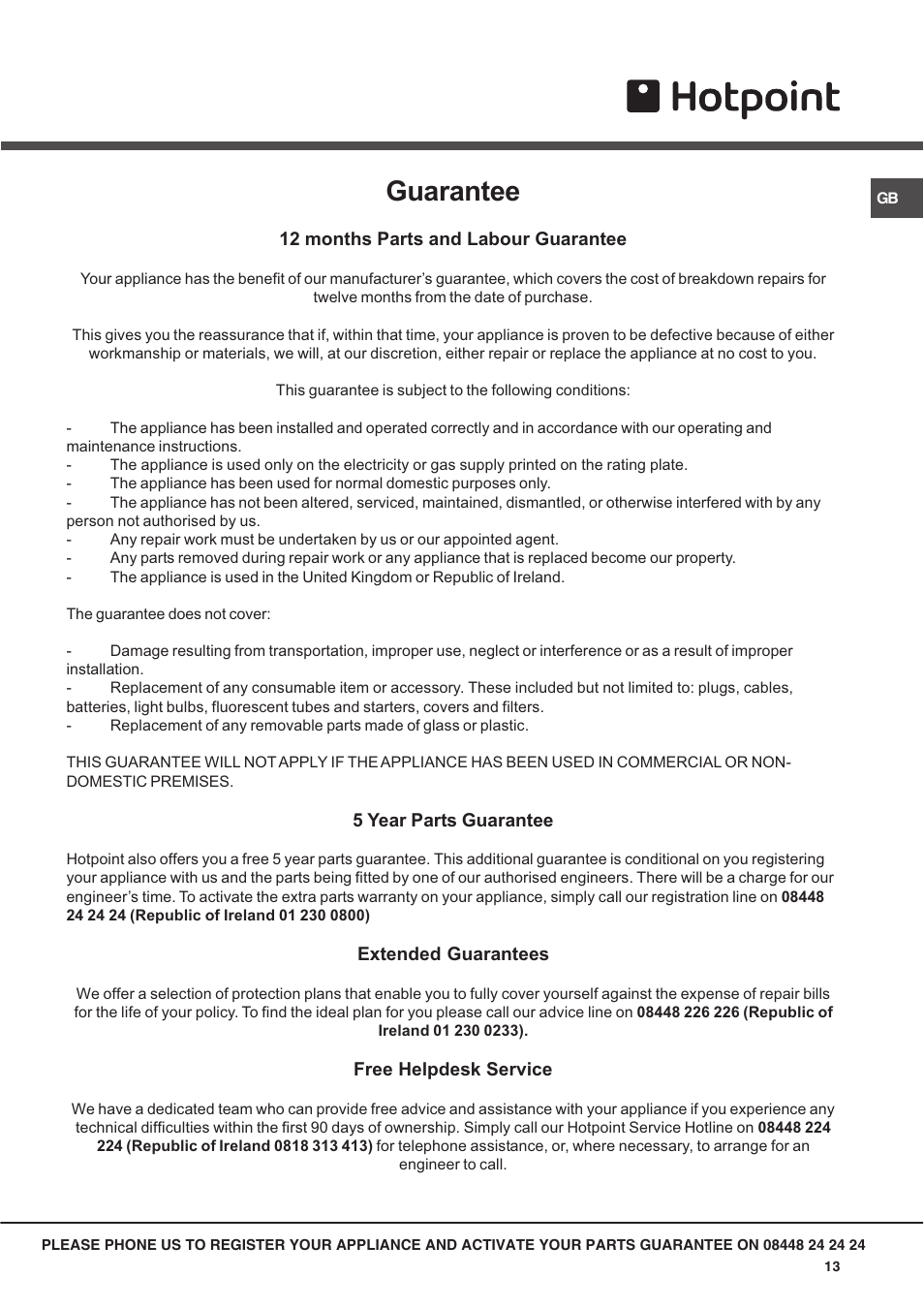 Guarantee | Hotpoint SX User Manual | Page 13 / 16