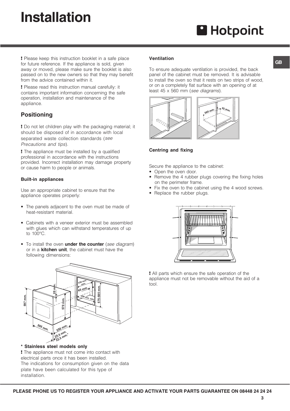 Installation, Positioning | Hotpoint SX User Manual | Page 3 / 16