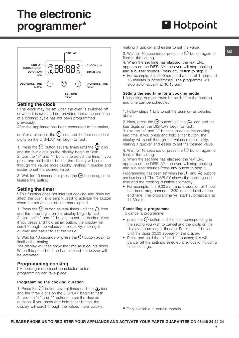 The electronic programmer, Setting the clock, Setting the timer | Programming cooking | Hotpoint SX User Manual | Page 7 / 16