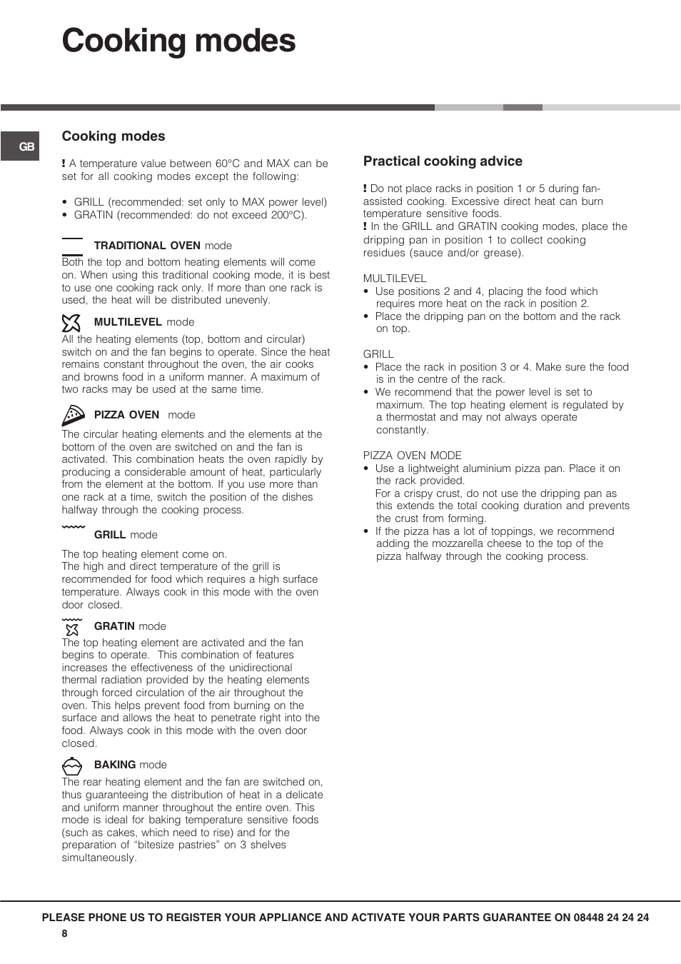 Cooking modes | Hotpoint SX User Manual | Page 8 / 16