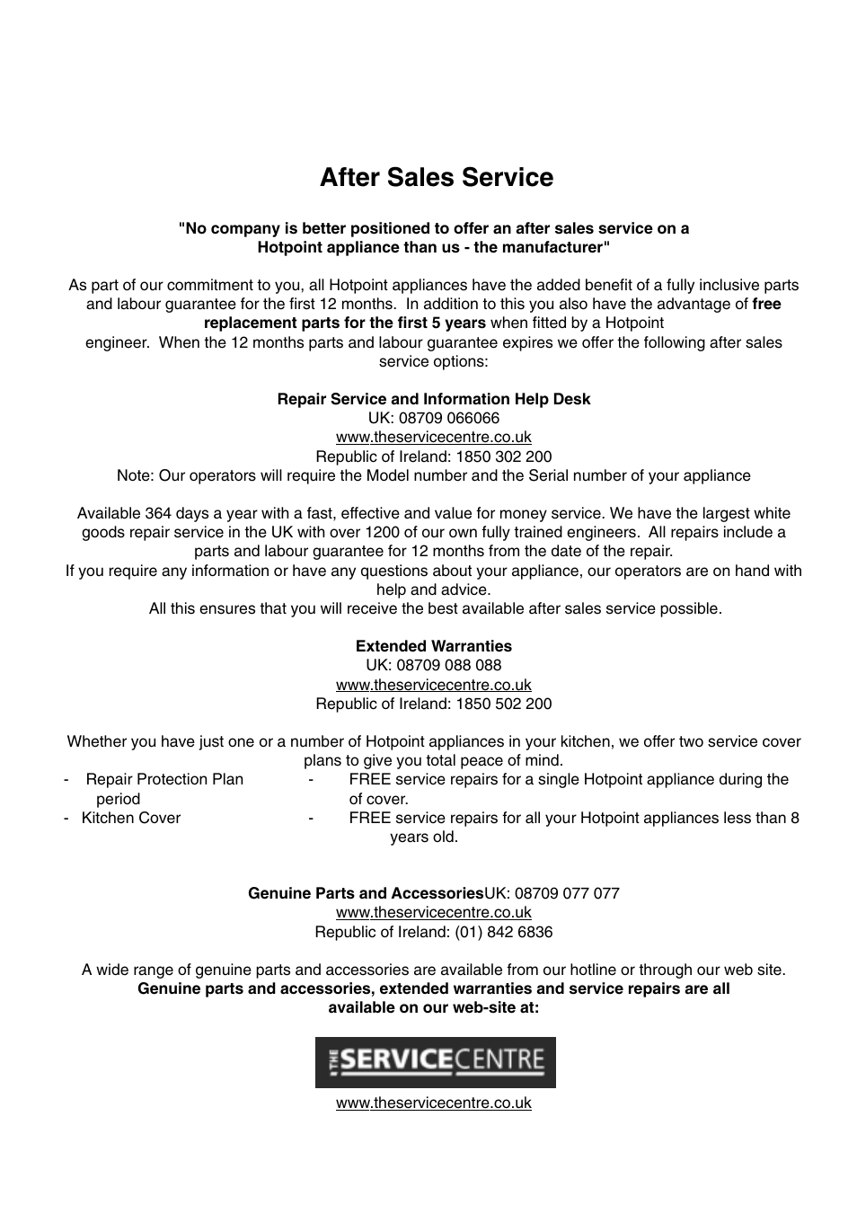 After sales service | Hotpoint FFA40X User Manual | Page 14 / 16