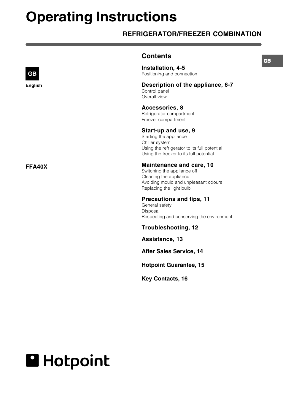 Operating instructions | Hotpoint FFA40X User Manual | Page 3 / 16