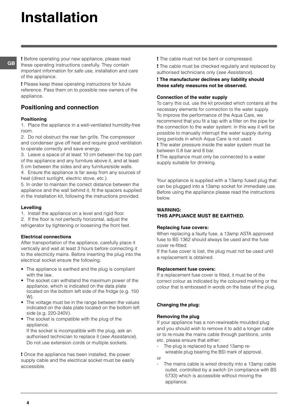 Installation | Hotpoint FFA40X User Manual | Page 4 / 16