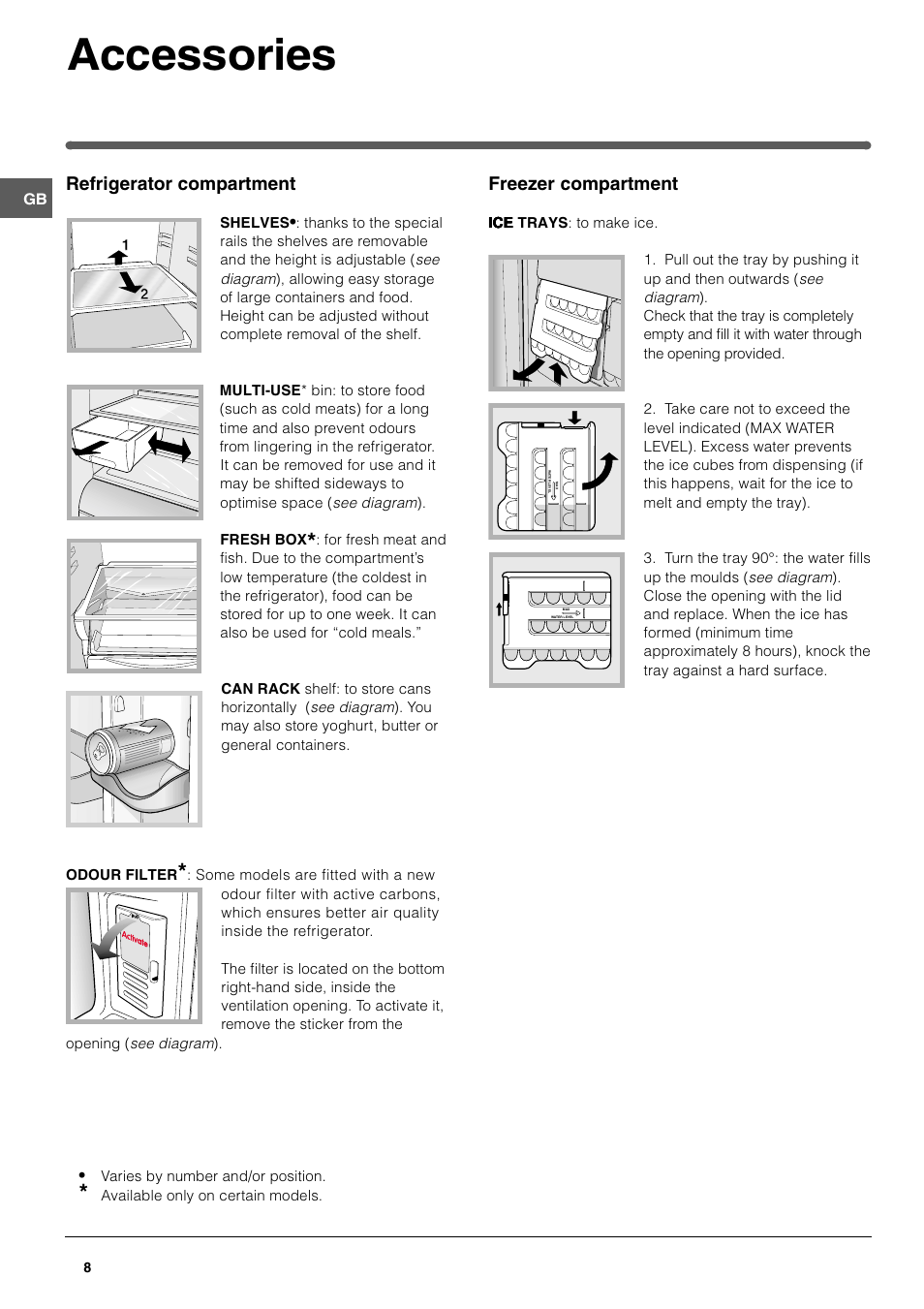 Accessories, Refrigerator compartment, Freezer compartment | Hotpoint FFA40X User Manual | Page 8 / 16