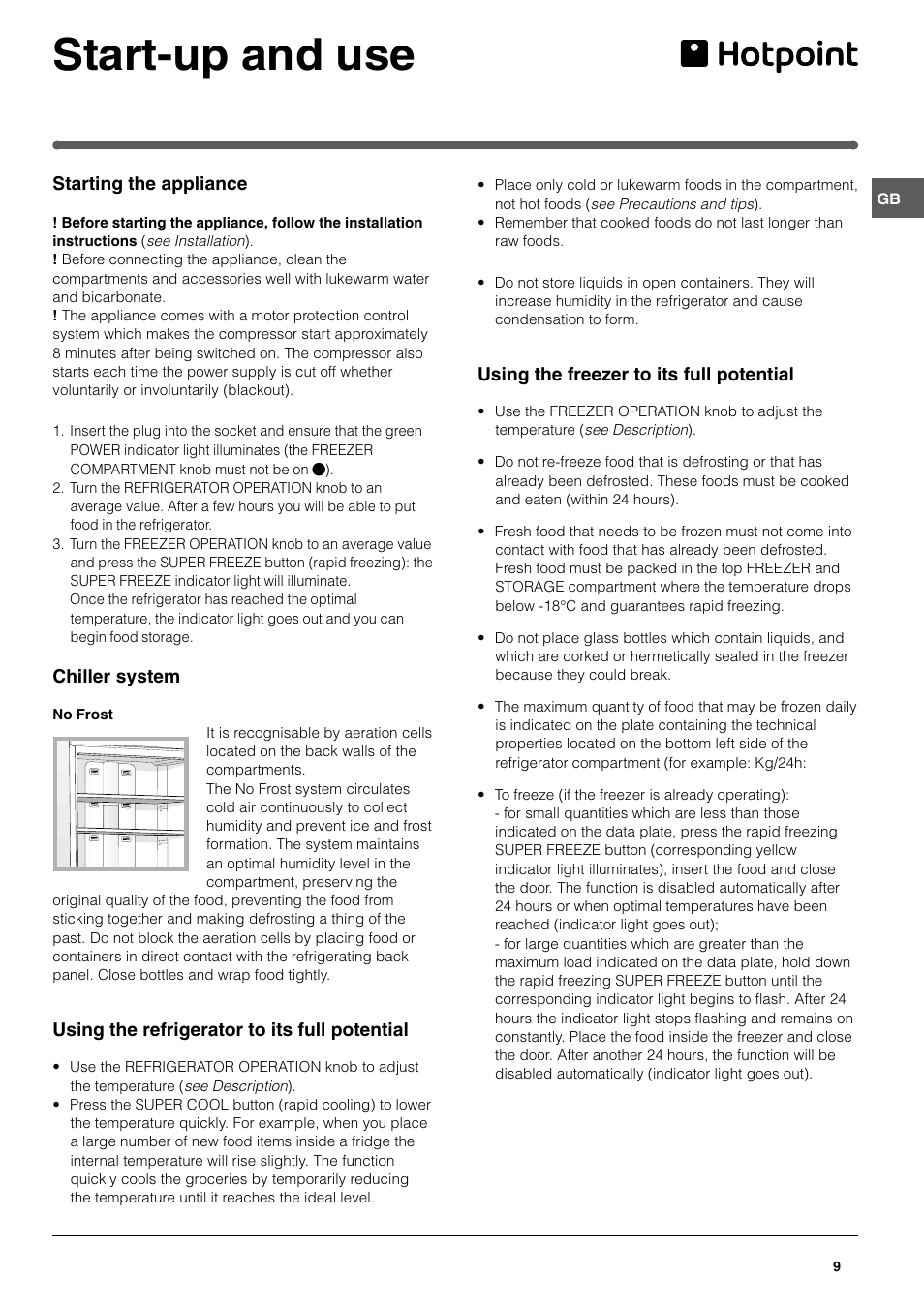 Start-up and use | Hotpoint FFA40X User Manual | Page 9 / 16