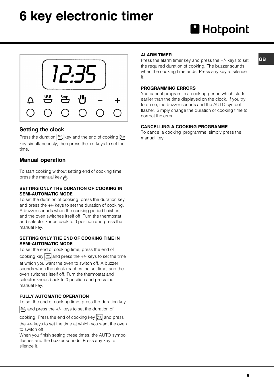 6 key electronic timer | Hotpoint SHL532X User Manual | Page 5 / 8
