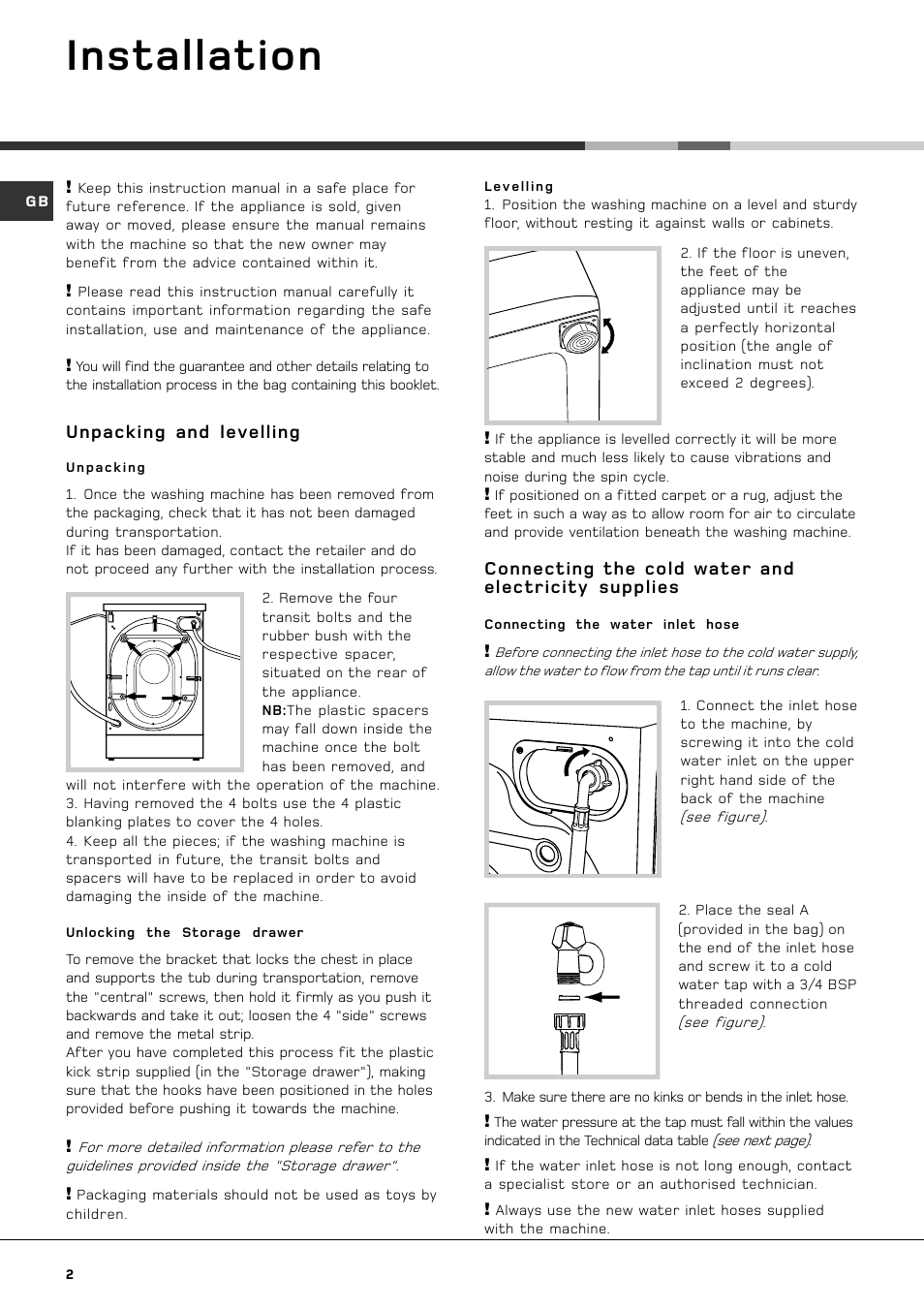 Installation, Unpacking and levelling, Connecting the cold water and electricity supplies | Hotpoint AQXXF 149 H PI User Manual | Page 4 / 20