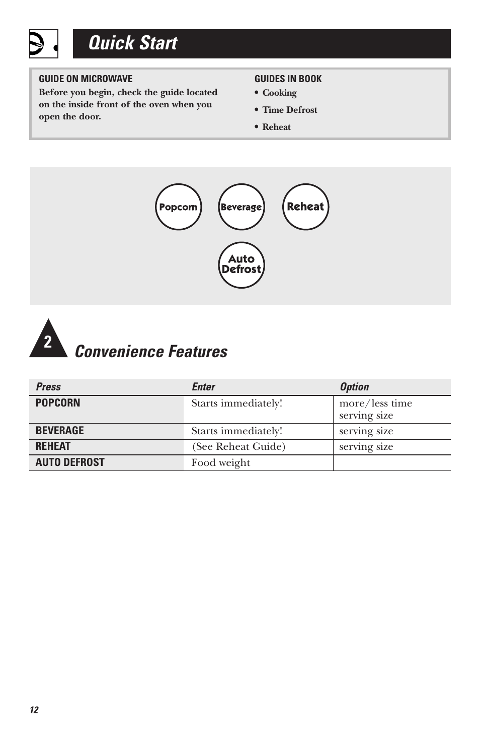 Quick start, Convenience features | Hotpoint RVM1535 User Manual | Page 12 / 40