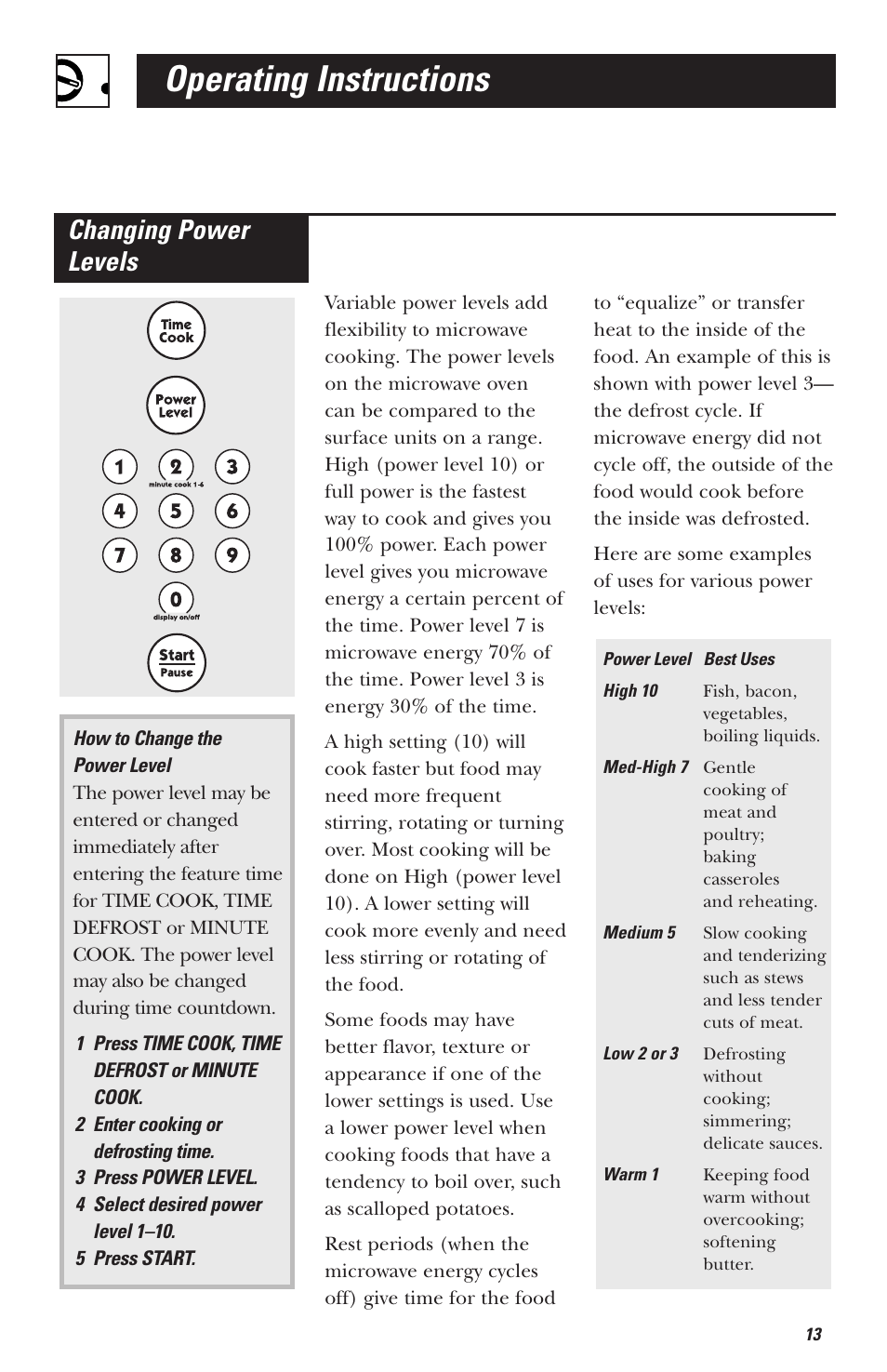 Operating instructions, Changing power levels | Hotpoint RVM1535 User Manual | Page 13 / 40